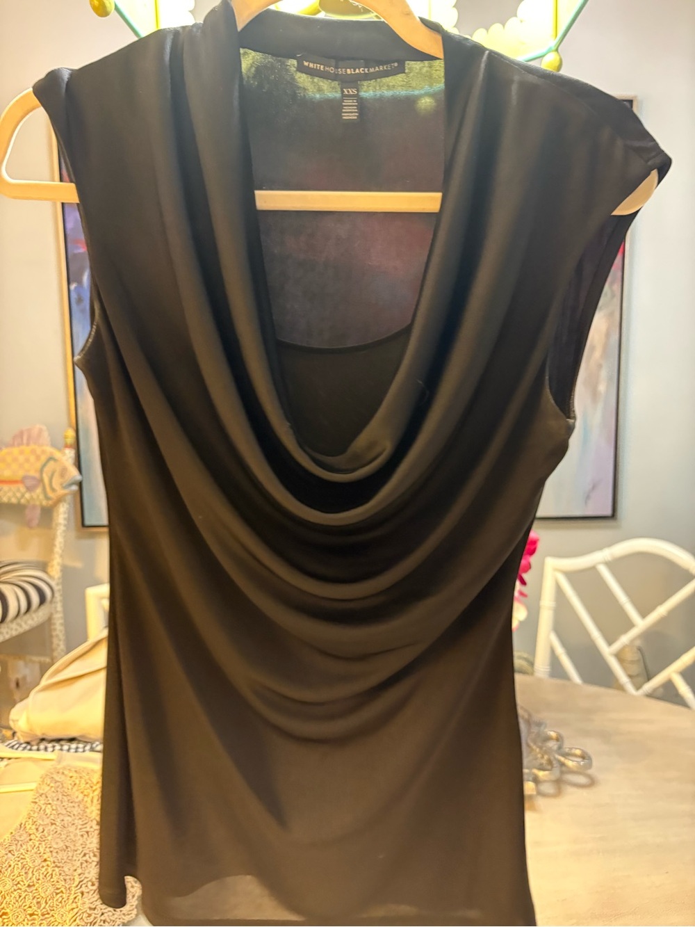 White House Black Market Black Drape Neck Cap Sleeve Top